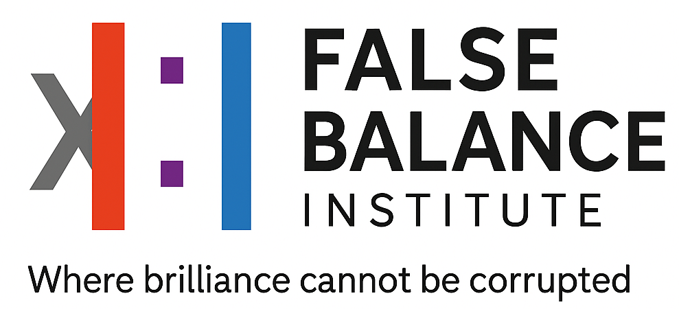 False Balance Institute logo featuring a stylized balance scale with bold red, blue, and purple bars, conveying a sense of integrity and optimism. The logo is accompanied by the text: FALSE BALANCE INSTITUTE. Below, the slogan reads: Where brilliance cannot be corrupted. The overall design is clean and modern, emphasizing trust and clarity.